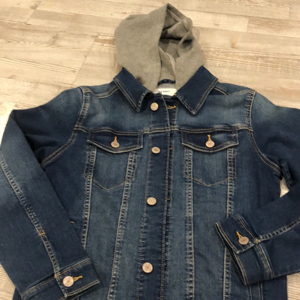 ❤️Old Navy Jean Jacket with built in grey hood. EUC Size XL (14-16)